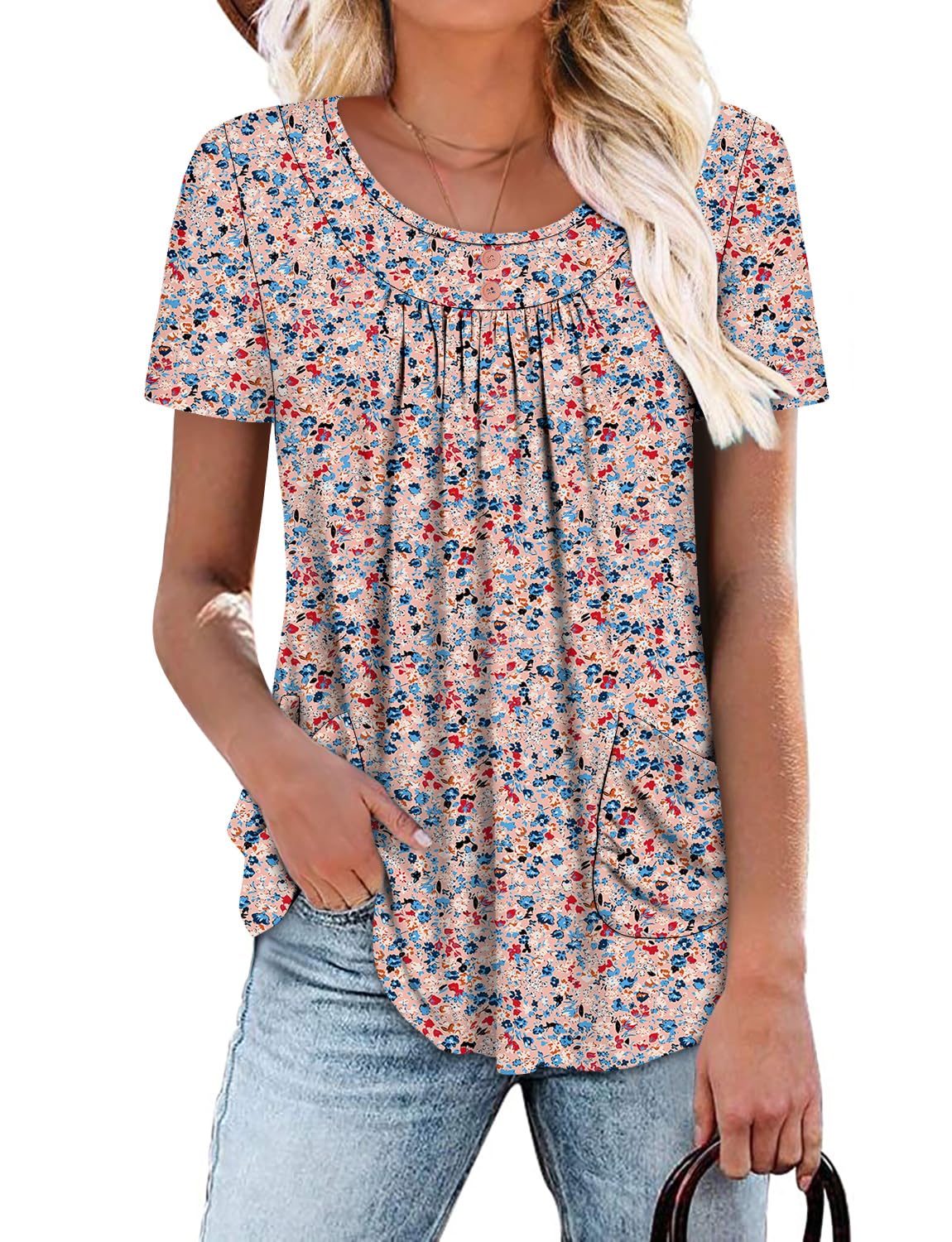 Photo 1 of *2 Pack* Angerella Womens Summer Tops Casual Loose Fitting Tunic Hide Belly Short Sleeve Blouses Pocketed Decoration Buttons Shirts PinkDense M