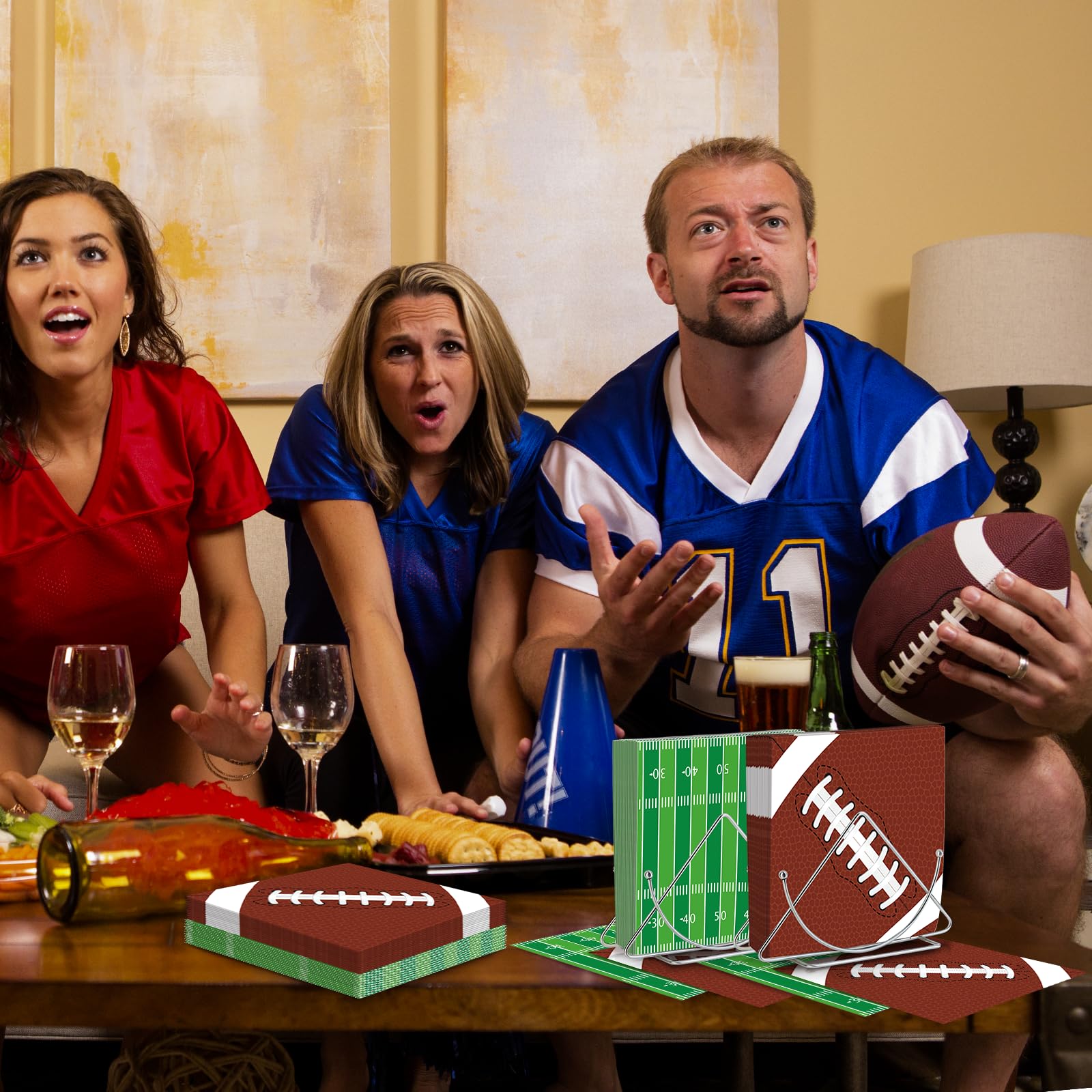 Pack of 50, Football Paper Napkins, 25 Brown Football and 25 Green Field Design Disposable Cocktail Napkins for Sports Football Game Events Supplies Birthday Party Decorations, 13x13 Inches Unfolded