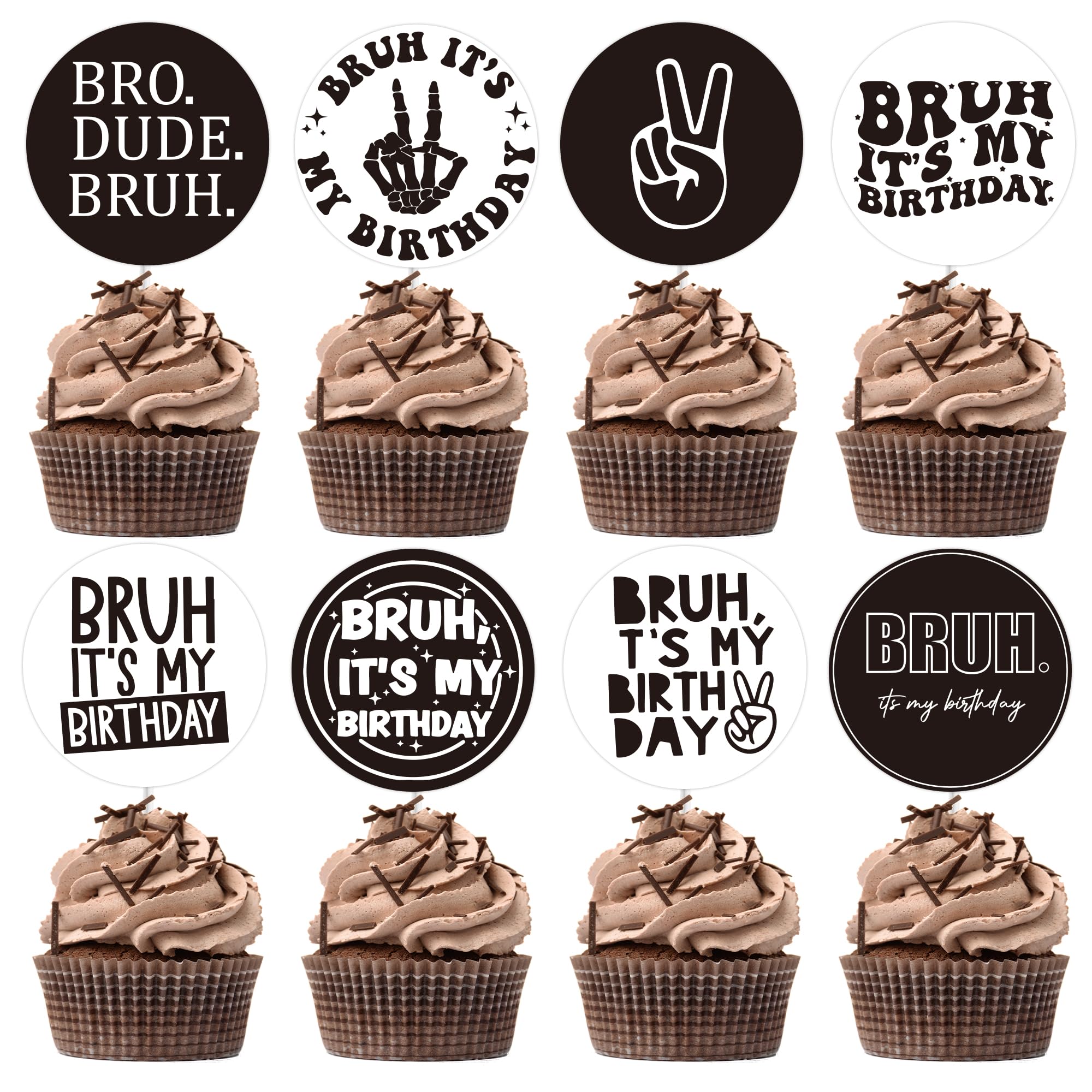 Photo 1 of 40 Pcs Bruh It's My Birthday Cupcake Toppers, Teen & Preteen Boys Party Decorations, Bruh Party Supplies for Teenager Birthday, Black & White Style Table Decor