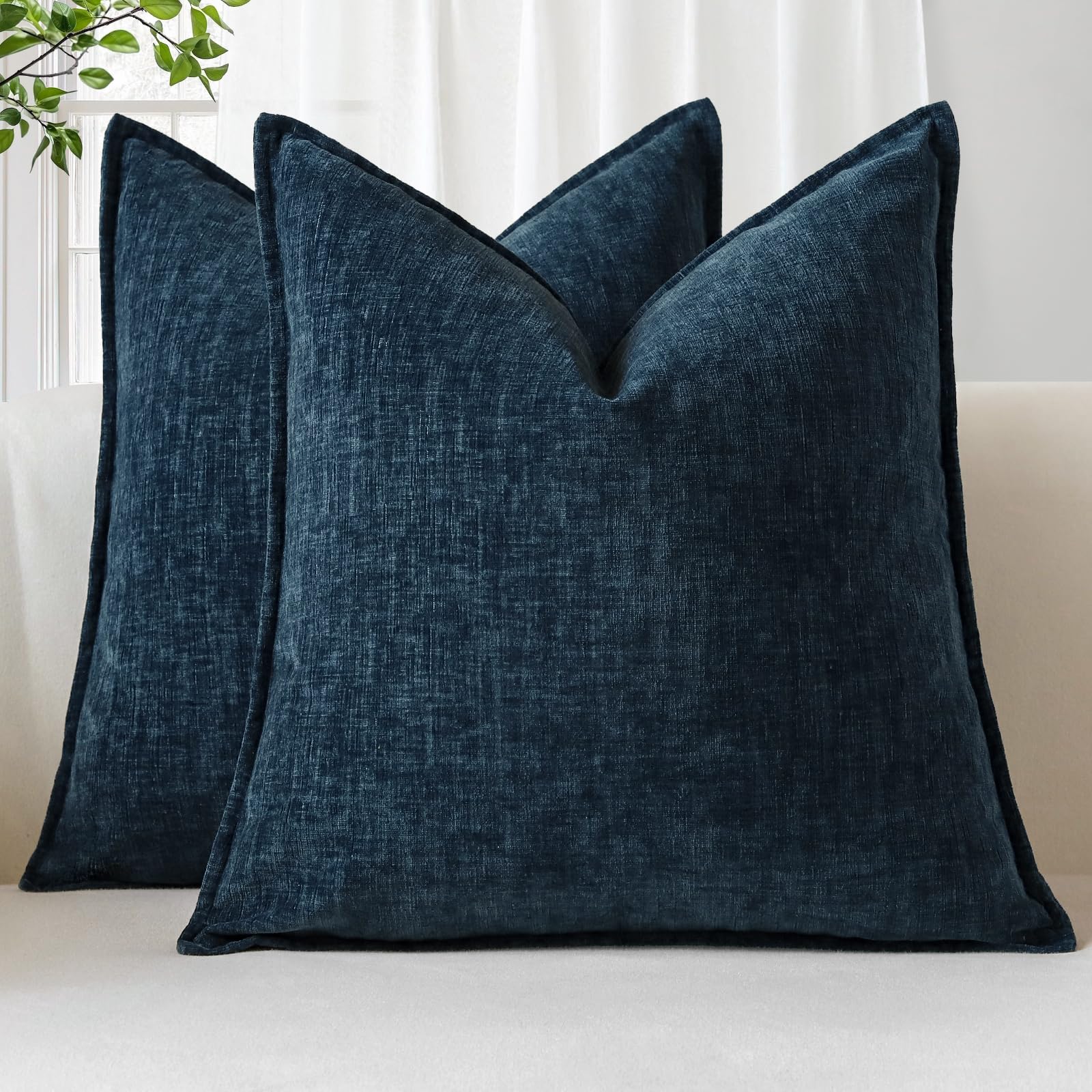 Sungeek Set of 2 Soft Chenille Cushion Covers 60x60cm Square Decorative Throw Pillow Covers with Stitched Edge Solid Dyed Pillow Cases Covers for Home Decor Couch Sofa Bed Living Room, Navy Blue