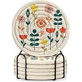 Kokaaee Drink Coasters Set of 6 - Cup Absorbent Coasters for Drinks Coffee Table Home Office Desk Decor Soft Woven Cotton Cloth Braided Fabric Drinking Cup Mat with Holder Cute Flower Floral Plants