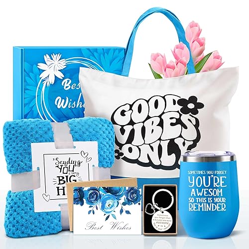 Teacher Nurse Employee Appreciation Gifts, Best Friend Birthday Gifts for Women, Blue Self Care Package Get Well Soon Gift Basket, Unique Mothers Day Gifts for Mom Wife Girlfriend Sister w Blanket