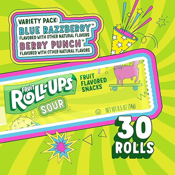 FRUIT ROLL-UPS SOUR FRUIT FLAVORED SNACKS, BLUE RAZZBERRY & BERRY PUNCH FLAVORS, VARIETY PACK, 15 OZ (30 COUNT)
