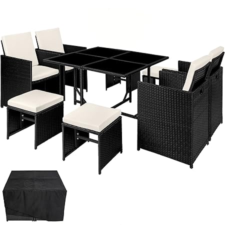 TecTake Poly Rattan Sitzgruppe Cube | Schutzhülle & Edelstahlschrauben | 4 Stühle 1 Tisch 4 Hocker - Diverse Farben (Schwarz 
