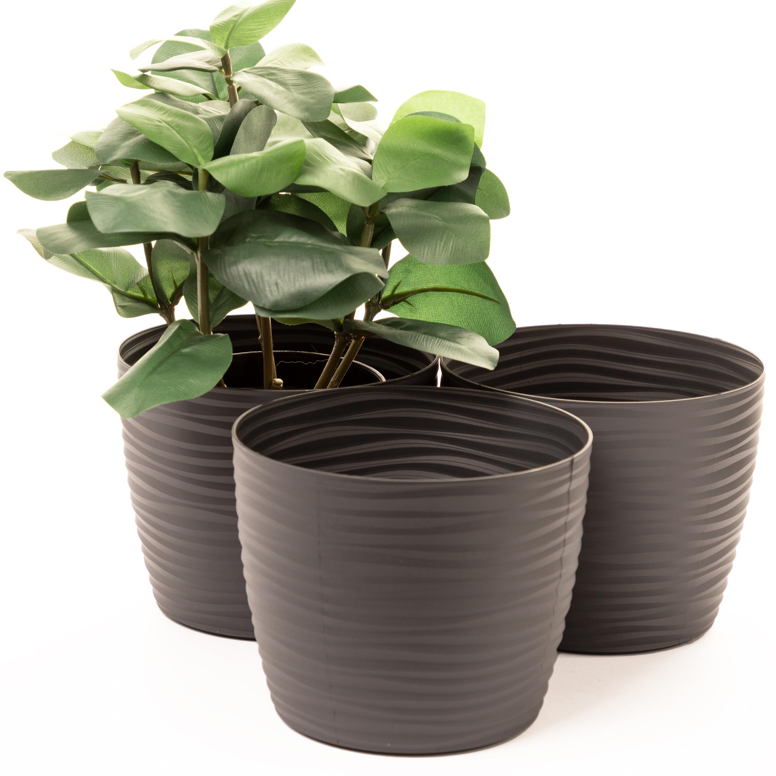 Home Garden Ornaments Plant Pots Indoor – Set of 3 Plastic Flower Pots, Unique Wave Design, No Drainage Holes, Indoor Plant Pot for Modern Home Décor (Plum, 15cm / 5.9 inch)
