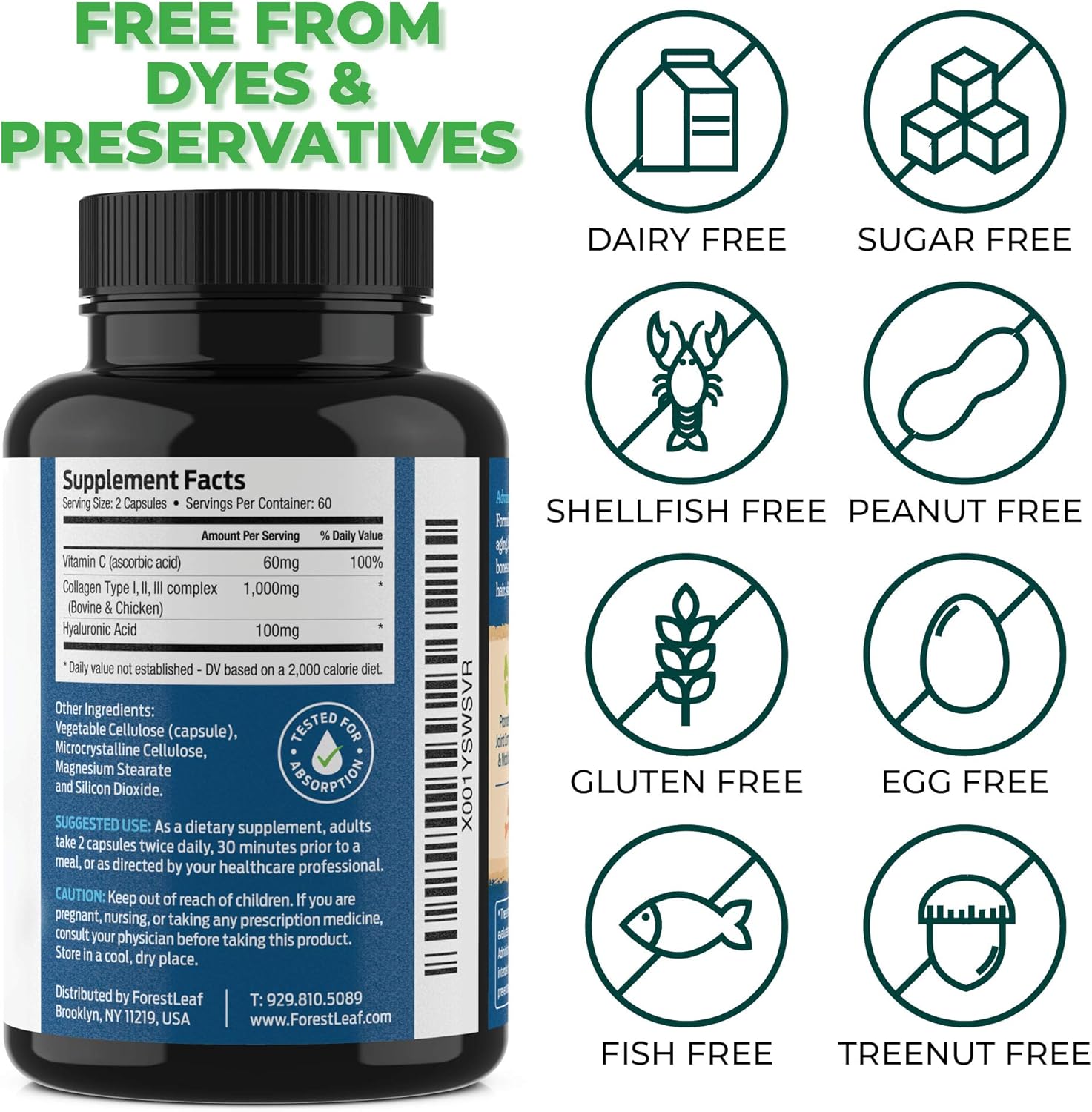Advanced Collagen Supplement, Type 1, 2 and 3 with Hyaluronic Acid and Vitamin C - Anti Aging Joint Formula - Boosts Hair, Nails and Skin Health - 120 Veggie Capsules - by ForestLeaf: Health & Personal Care