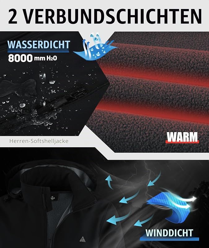 Softshelljacke Herren Wasserdichte Winddichte Atmungsaktive Funktionsjacke mit Kapuze Outdoor Softshell Jacke Herbst Winter Windbreaker für Wandern Fahrrad Camping Schwarz XL — Foto 2 von 6