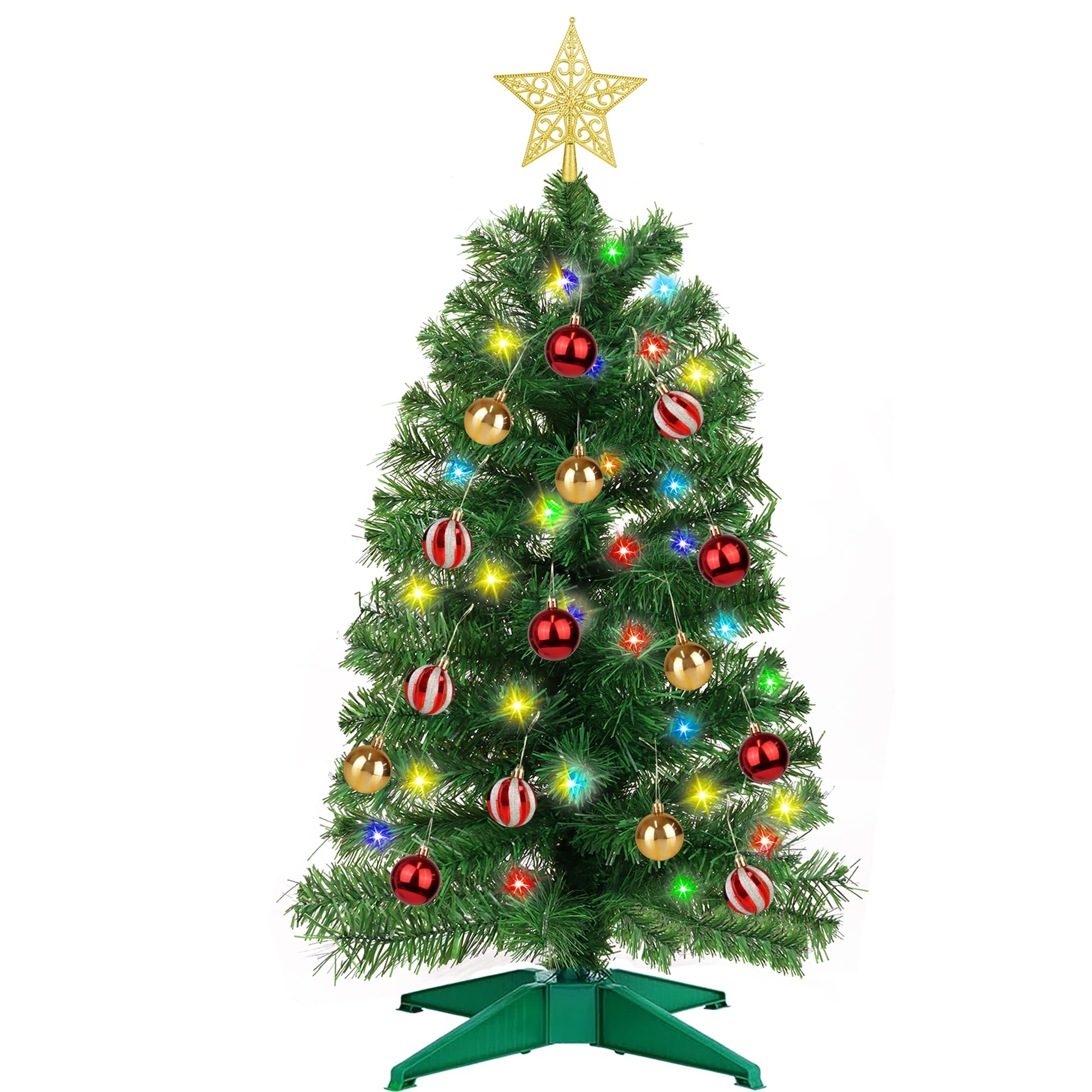 Photo 1 of 3FT Green Christmas Tree Tinsel with 50 Warm White & Multi Color Fariy Light 3D Star 15 Ball Ornament, 12 Light Modes Timer Battery Operated Small Artificial Full Xmas Tree Table Indoor Holiday Decor