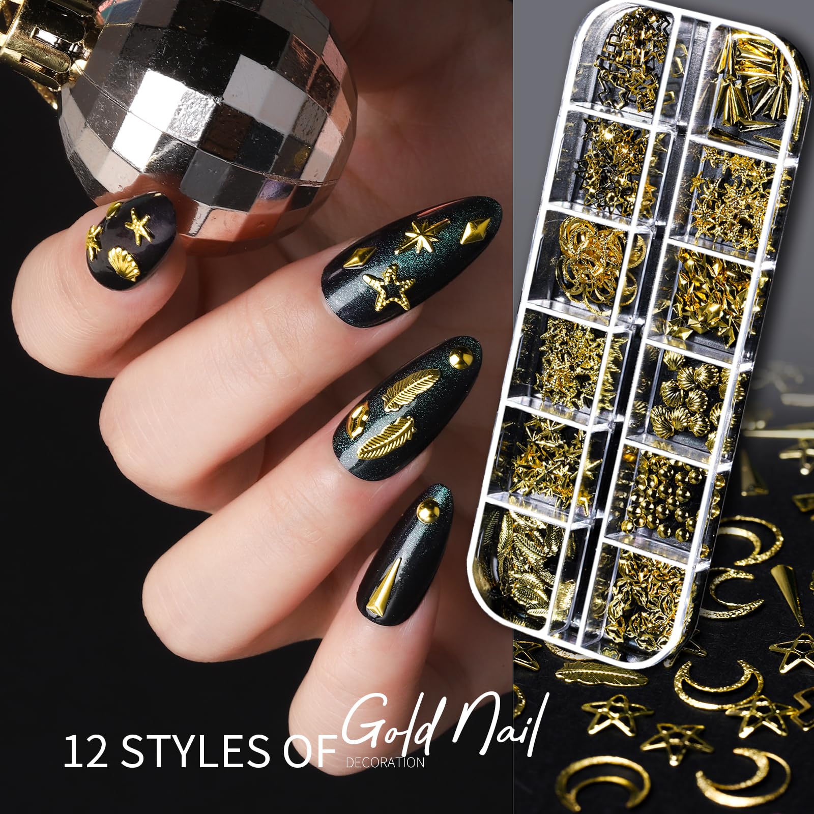 Teenitor Nail Charms Nail Art Kit with 15 Sheets Gold Nail Stickers, 6 Boxes of Nail Gems Nail Art Tools Nail Rhinestones for Nails, Nail Supplies 3D Nail Charms and Gems Nail Decals Nail Pearls - Image 2
