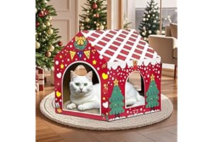 LUCKITTY Cat Scratcher with House Christmas Cardboard House Playground for Indoor Cats, Xmas Scratching Pad Holiday Hideout Decoration
