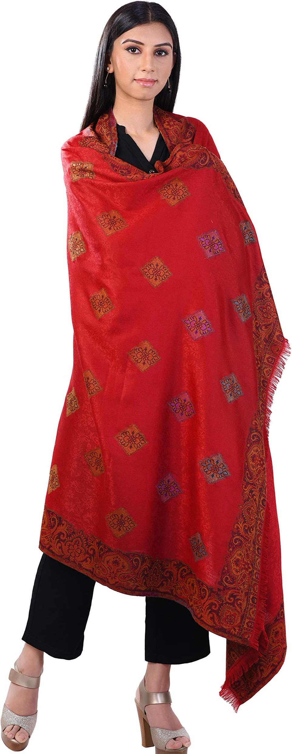 Pashmoda- Women's Faux Pashmina Wool Kashmiri Design Jamavar Shawl, Warm and Soft texture, Jacquard Border