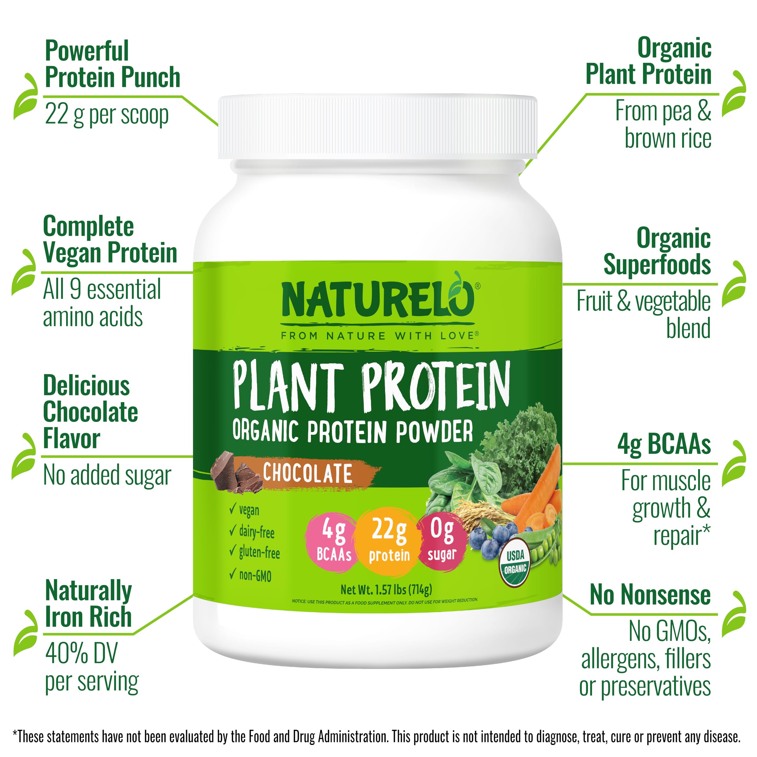 NATURELO Plant Protein Powder, Chocolate, 22g Protein - Non-GMO, Vegan, No Gluten, Dairy, or Soy - No Artificial Flavors, Synthetic Coloring, Preservatives, or Additives - 20 Servings