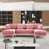 OUYESSIR 114" U-Shaped Modular Sectional Sofa for Living Room, Pink | Convertible 4-Seater Cloud Couch, Upgraded Velvet-Like Texture Crushed Chenille, 2 Movable Ottomans, Metal Legs