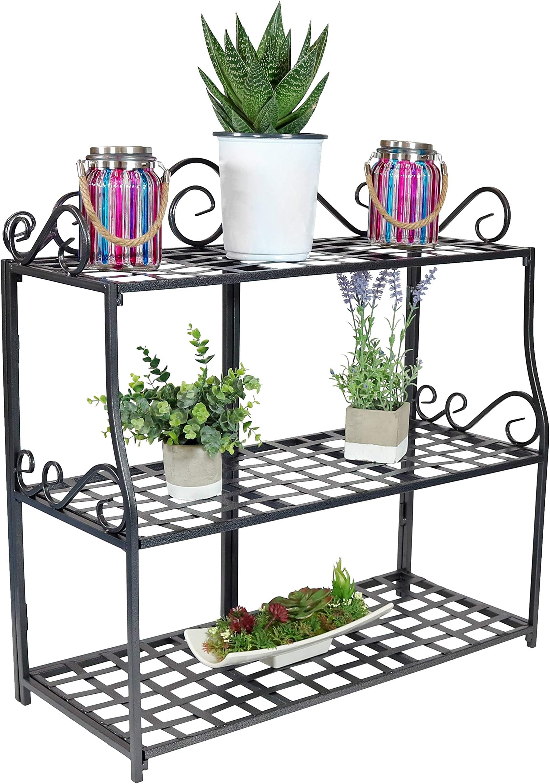 Sunnydaze 3-Tier Metal Iron Plant Stand with Scroll Edging