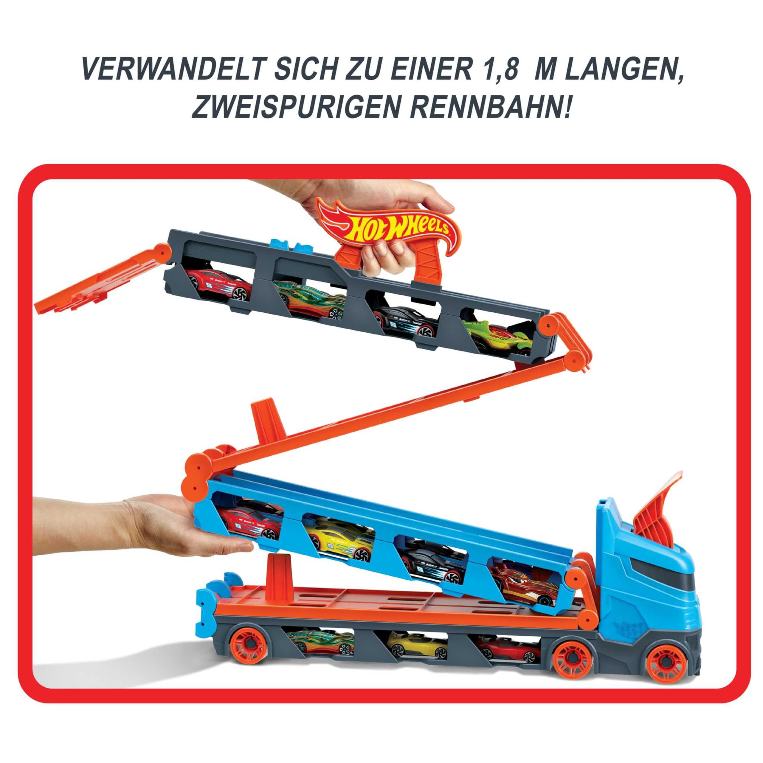 Hot Wheels - 2:1 Autorennbahn zu Transporter, inkl. 3 Spielzeugautos, mit Doppelstarter, Auslösefunktion und Weiche, Platz für 20 Autos, Spielzeug ab 4 Jahre, HGH33 6