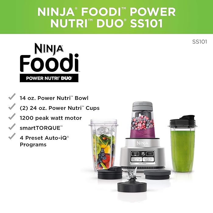 Image 2 - Ninja SS101 Foodi Power Nutri Duo Smoothie Bowl Maker and Personal Blender 1200WP smartTORQUE 4 Auto-iQ Presets One base, multi-functions, Silver Stainless Finish