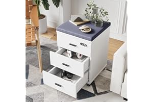 Soohow 3 Drawers Vertical Filing Cabinet with Detachable Cushion,Mobile Under Desk File Cabinet with Smart Lock/Casters,White-Blue