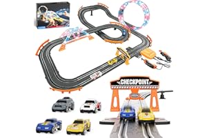 JSDOOGOO 2-in-1 Slot Car Race Track Sets - Electric Race Car Track with 4 High-Speed Racing Cars, Dual Racing Game Lap Counter Circular Overpass Tracks, Remote Control Cars Toys/Gift for Boys Kids Ages 8-12