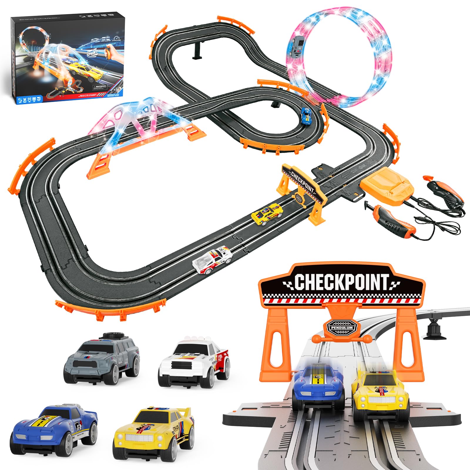 Photo 1 of 2-in-1 Slot Car Race Track Sets - Electric Race Car Track with 4 High-Speed Racing Cars, Dual Racing Game Lap Counter Circular Overpass Tracks, Remote Control Cars Toys/Gift for Boys Kids Ages 8-12