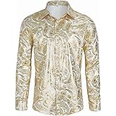 CARUHIF Men's 70s Disco Shirt Paisley Retro Floral Top Long Sleeve Casual Party Dress Shirts