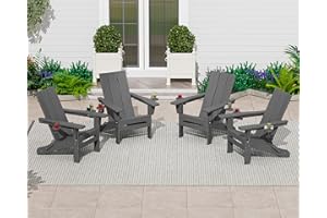 SERWALL Outdoor HDPE Adirondack Chair Set 4, Modern Folding Adirondack Chair with Cup Holders, Weather Resistant Fire Pit Chairs, Gray