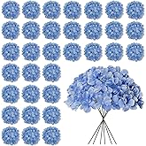Cherica 30 Pcs Blue Hydrangea Artificial Flowers Bulk, Faux Hydrangea Flowers Heads, Artificial Fake Silk Hydrangea Flowers with Stems, Blue Flowers Artificial for Decoration Wedding Décor