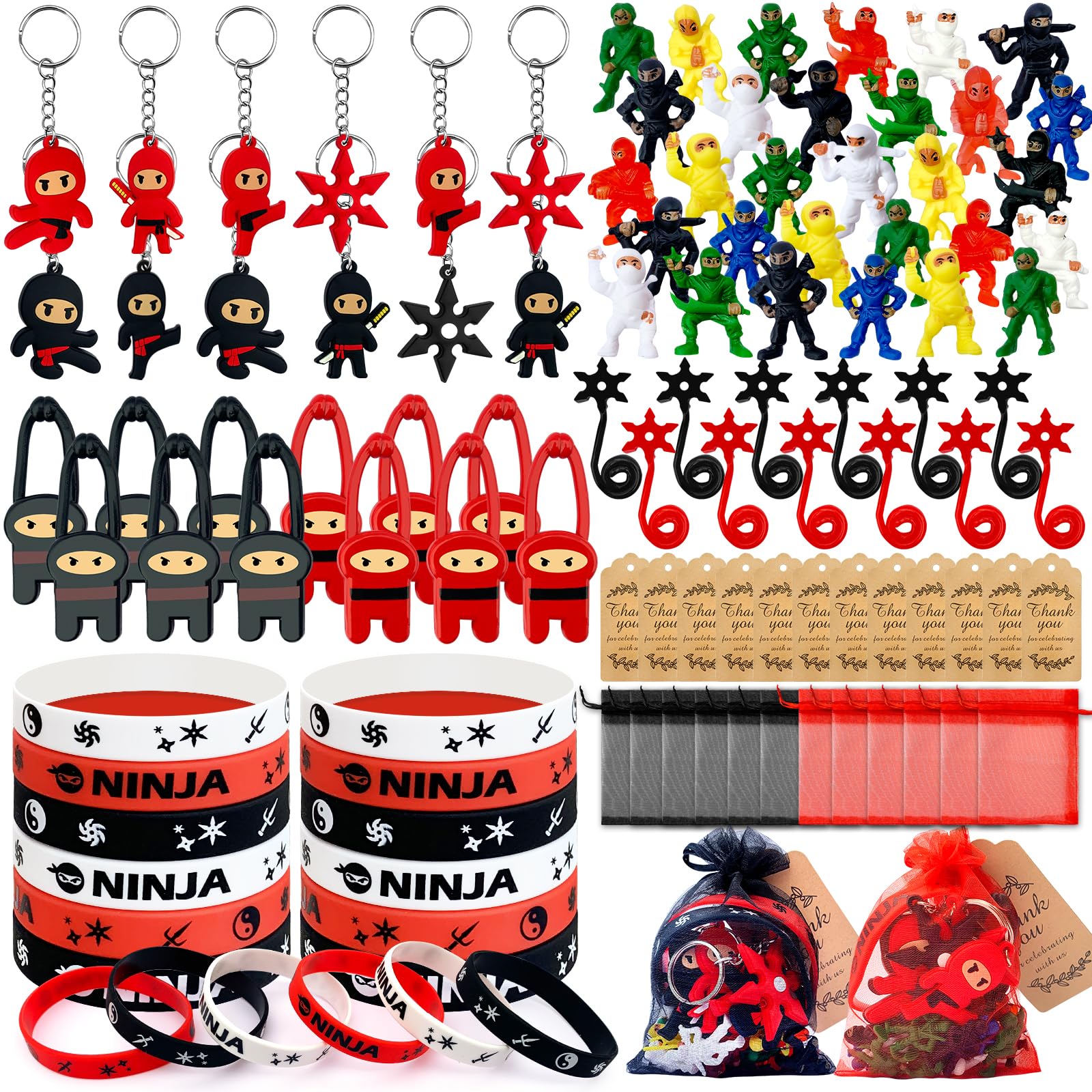 Moltby 96Pcs Ninja Party Favours for Kids - Ninja Warrior Party Bags Fillers with Ninja Figurines Keychains Bracelet Flying Ninjas Toys Ninja Birthday Party Decor