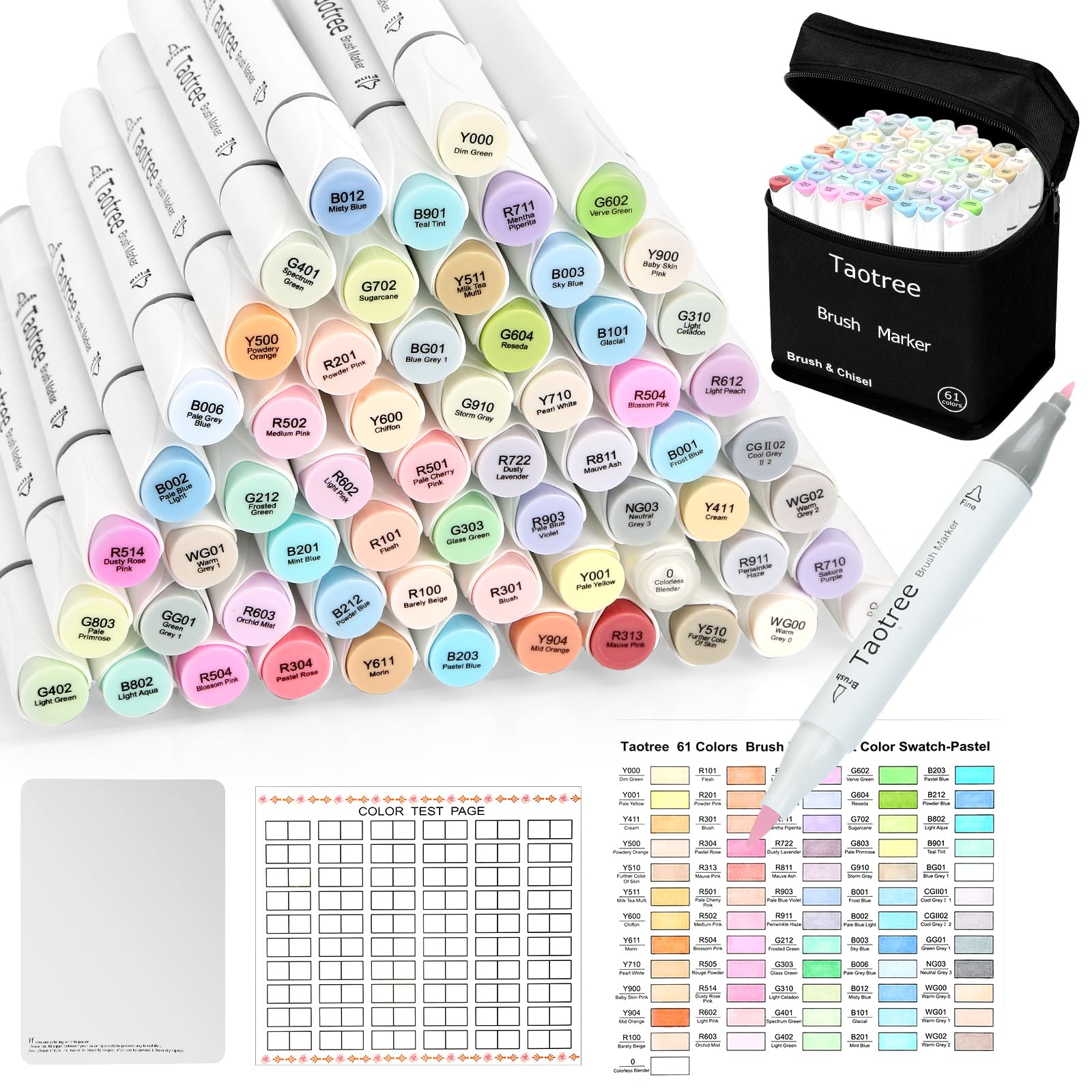 Taotree Alcohol Brush Markers Art Supplies, 61 Pastel Colors Dual Tip Art Coloring Markers Pens, Brush & Fine Tip Sketch, Drawing Supplies Gift for Artist Adult Coloring Book Painting, Sketching Image