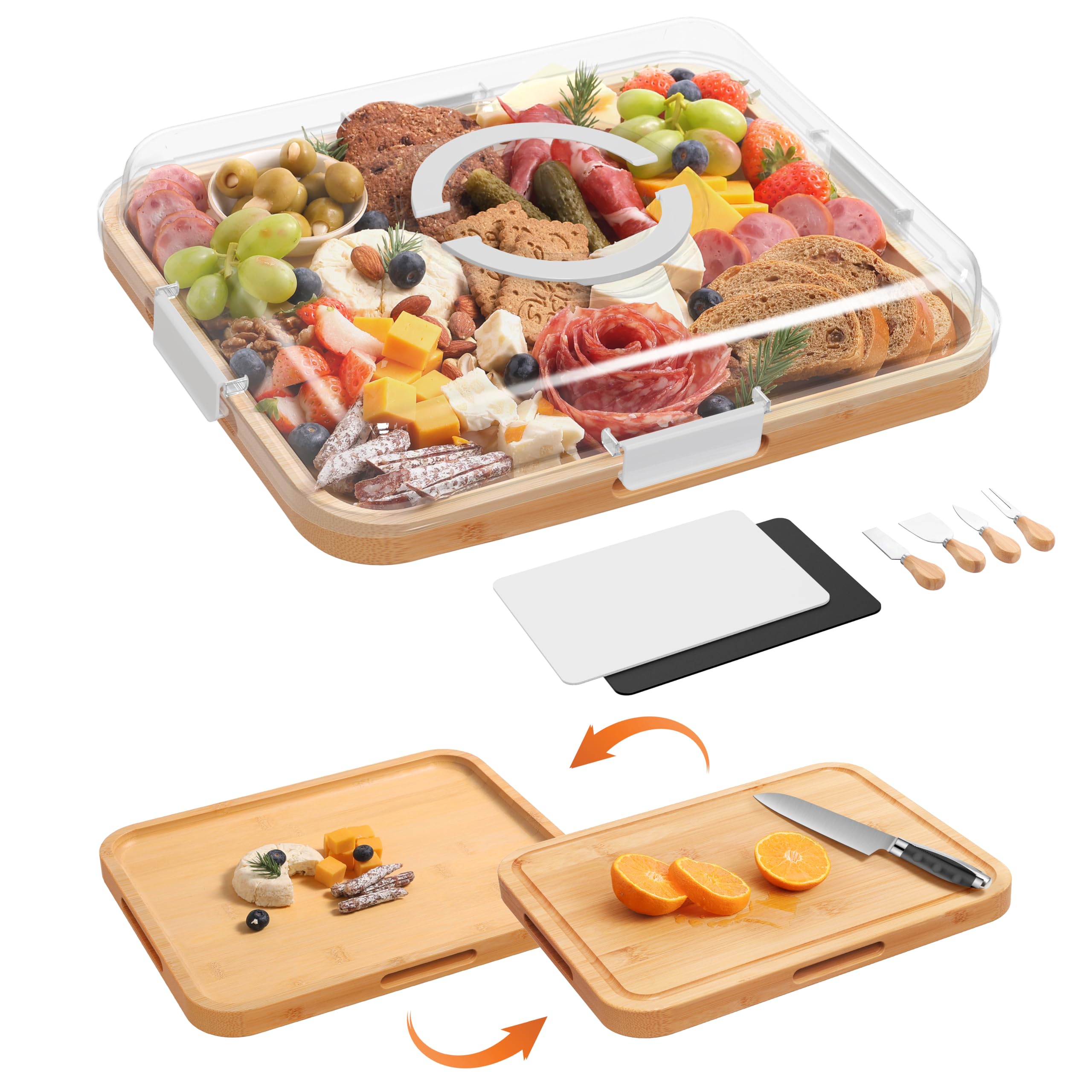 Photo 1 of ***(MINOR DAMAGE/ CRACKED LID)***Charcuterie Board with Clear Lid, 2 Side Large Bamboo Cheese & Cutting Board for Entertaining, Includes 2 Plastic Cutting Mats & 4 Cheese Knives, Charcuterie gift ideas, Picnic Accessories