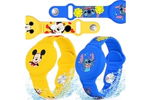 ZHOC 2 Pack AirTag Bracelet for Kids, Waterproof Cute Cartoon Air tag Holder for Kids with Watch Band Design, Full Coverage Silicone Airtag Hidden Accessories for Child, Healthy Material Blue + Yellow
