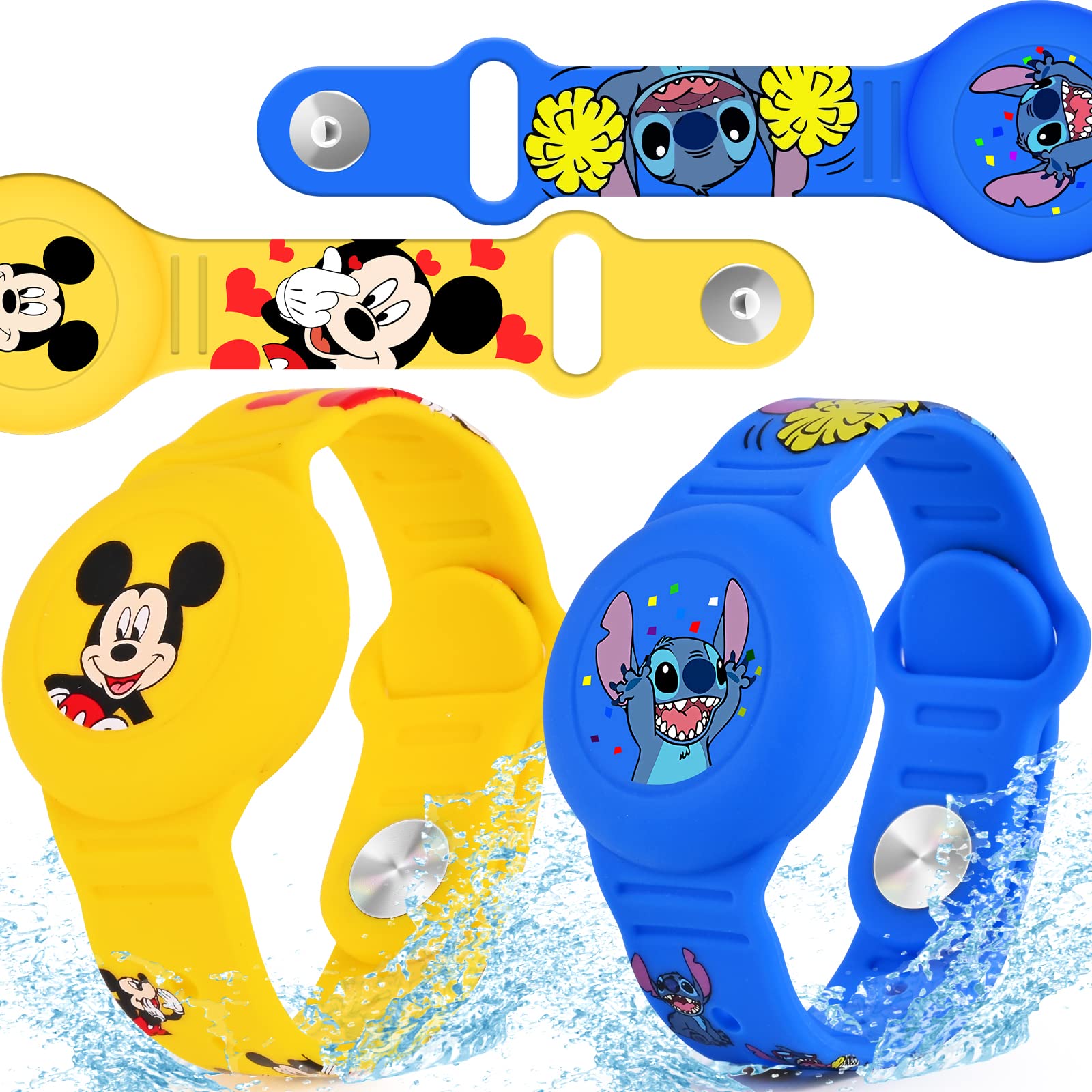 Photo 1 of 2 Pack AirTag Bracelet for Kids, Waterproof Cute Cartoon Air tag Holder for Kids with Watch Band Design, Full Coverage Silicone Airtag Hidden Accessories for Child, Healthy Material Blue + Yellow