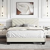 IOILORI Full Size Bed Frame Platform with Upholstered Headboard, Sturdy Wooden Slats, Noiseless, No Springs Required, Easy to Assemble Beige