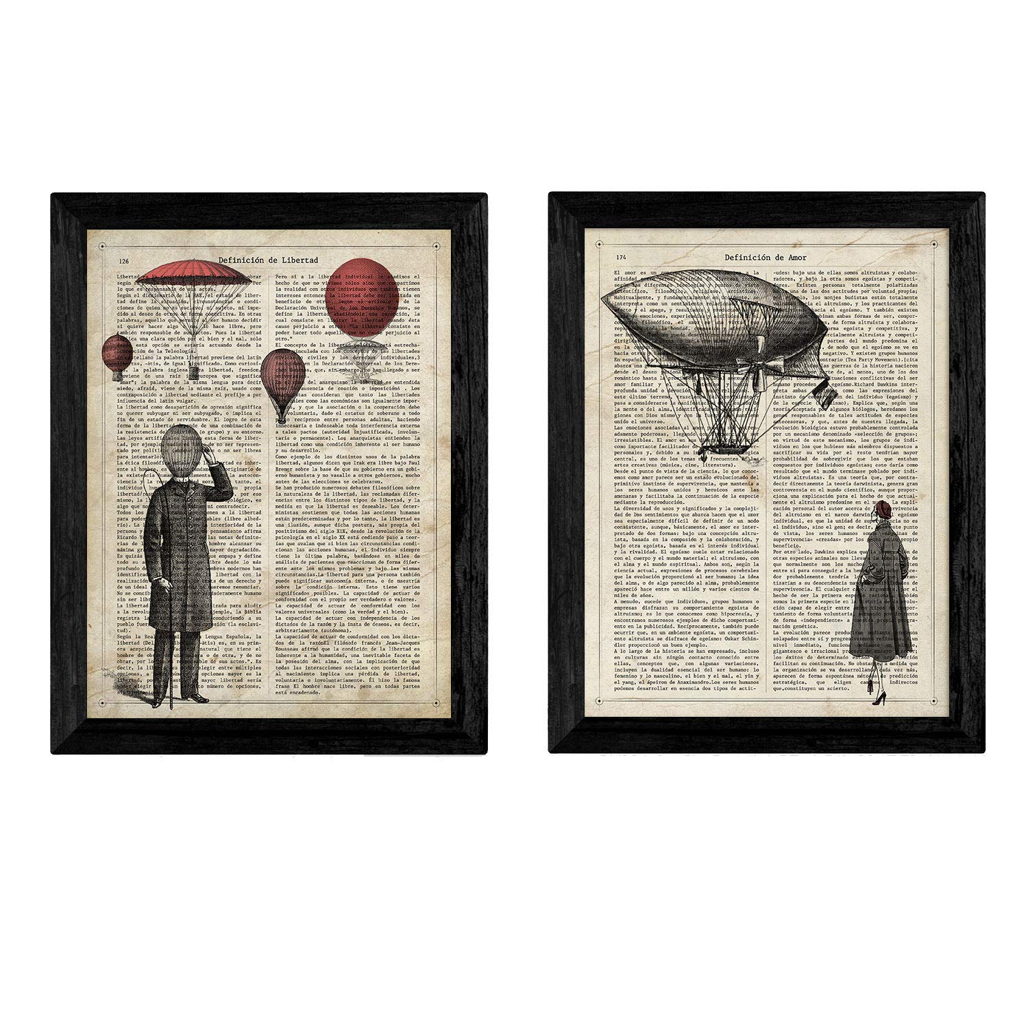 Pack two sheets vintage couple with balloon dictionary definitions of love and freedom A4 size - Unframed. 250 Gr
