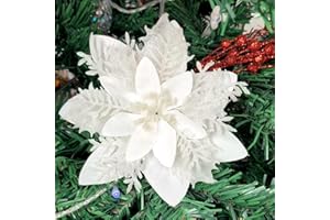 NiidodKatzi 15 Pcs Christmas Flowers Artificial Poinsettia Flower Decorations with Clips and Stems, Glitter Christmas Poinsettia Decorations, Christmas Tree Ornaments for Party Wreath DIY（White）