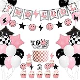 Two Cool Dude Pink Smile-Theme Birthday Party Decoration Set, Two Cool Girl Second Birthday Banner Cake Toppers Pink White Black Checker Balloons for Two Happy Face Party Supplies