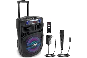 Pyle Portable Bluetooth PA Speaker System - 800W 12 Inch Outdoor Speaker with Built-In Party Lights - USB/SD Card Reader, FM Radio, Extendable Handle w/ Wheels - Includes Wired Microphone & Remote