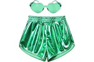Mirawise Girls Metallic Shorts Shiny Hot Pants Sparkly Dance Outfits Short Pants with Sunglasses