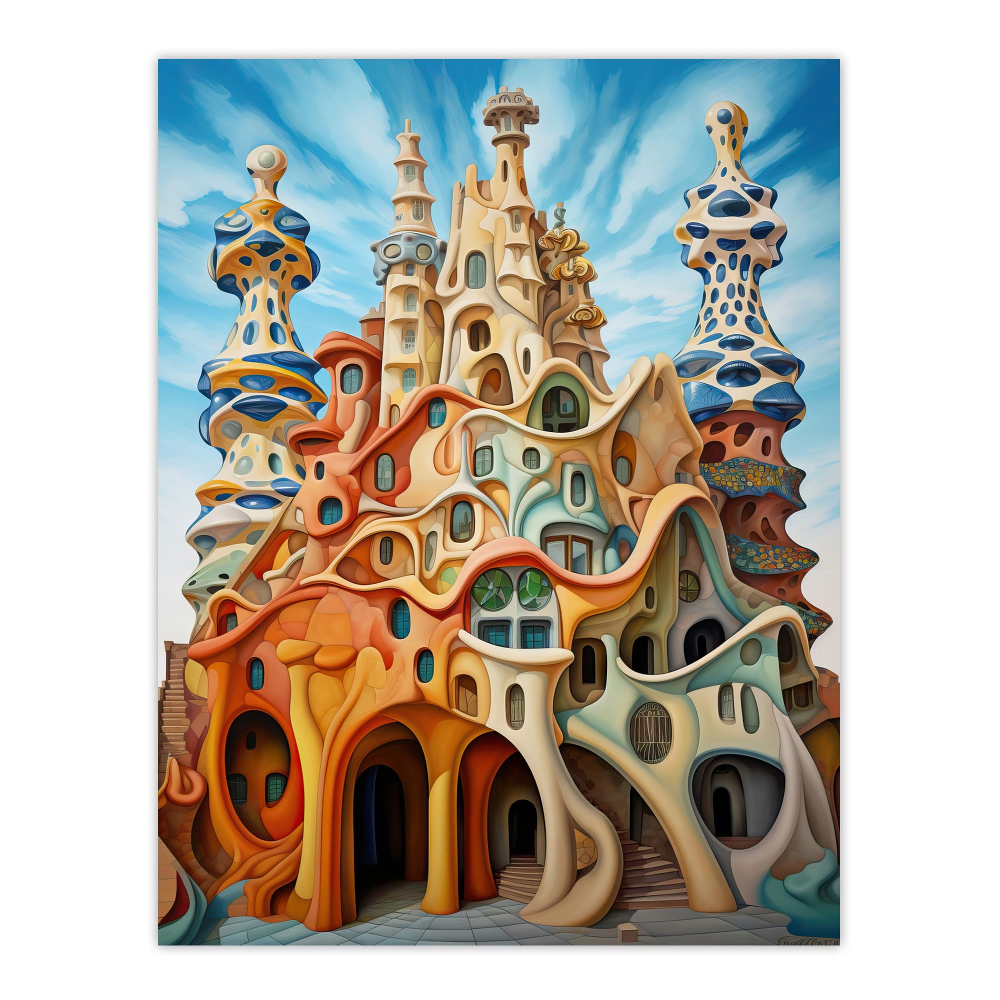 Artery8 Antoni Gaudi Style Orange Pink Blue Architecture Artwork Extra Large XL Wall Art Poster Print