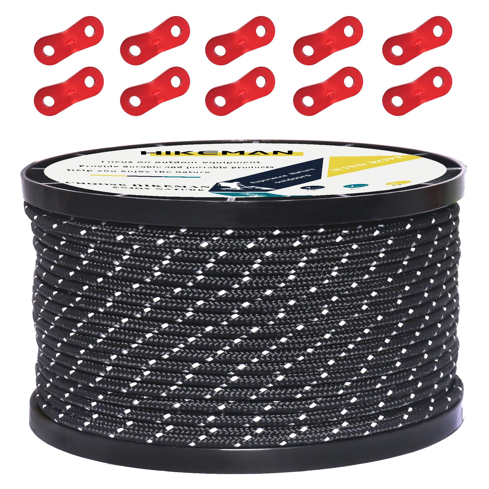 50M Reflective Cord Guy Ropes Outdoor Tent Guide Rope 100% Nylon Cord Wind Line with 10Pcs Aluminum alloy tensioners for Camping (black, Diameter 3 mm)
