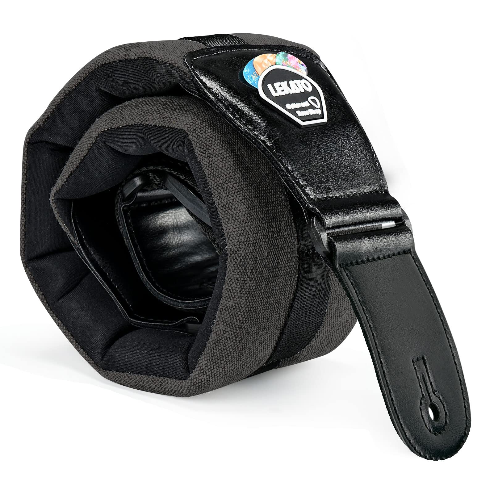 LEKATO Bass Guitar Strap Padded, 3.5" Wide 45-55 Adjustable Length, Thick Comfortable Guitar Belt with Pick Holder Strap Lock & Guitar Picks, Suitable for Electric Bass Acoustic Guitar, Guitarist Gift