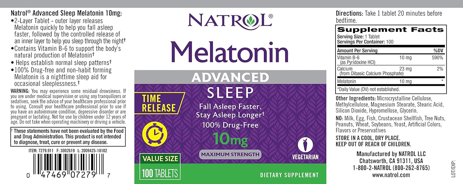 Natrol Melatonin Advanced Sleep Tablets with Vitamin B6, Helps You Fall Asleep Faster, Stay Asleep Longer, 2-Layer Controlled Release, 100% Drug-free, Maximum Strength, 10mg, 100 Count: Health & Personal Care