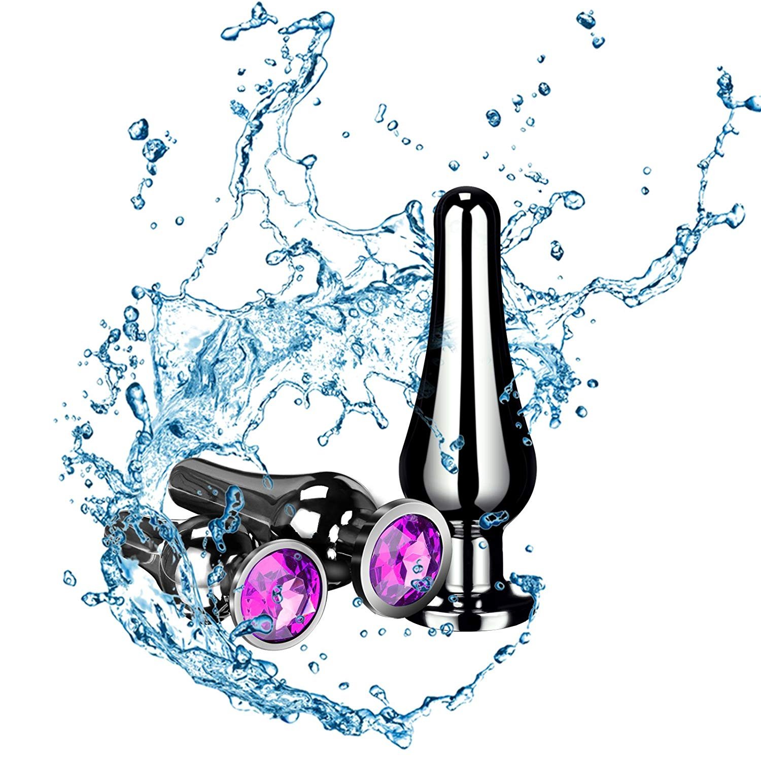 Analplug Set Metall Buttplug Anal Butt Plug Set mit Lila Kristall (Ø30 mm, Ø32 mm & Ø40 mm)