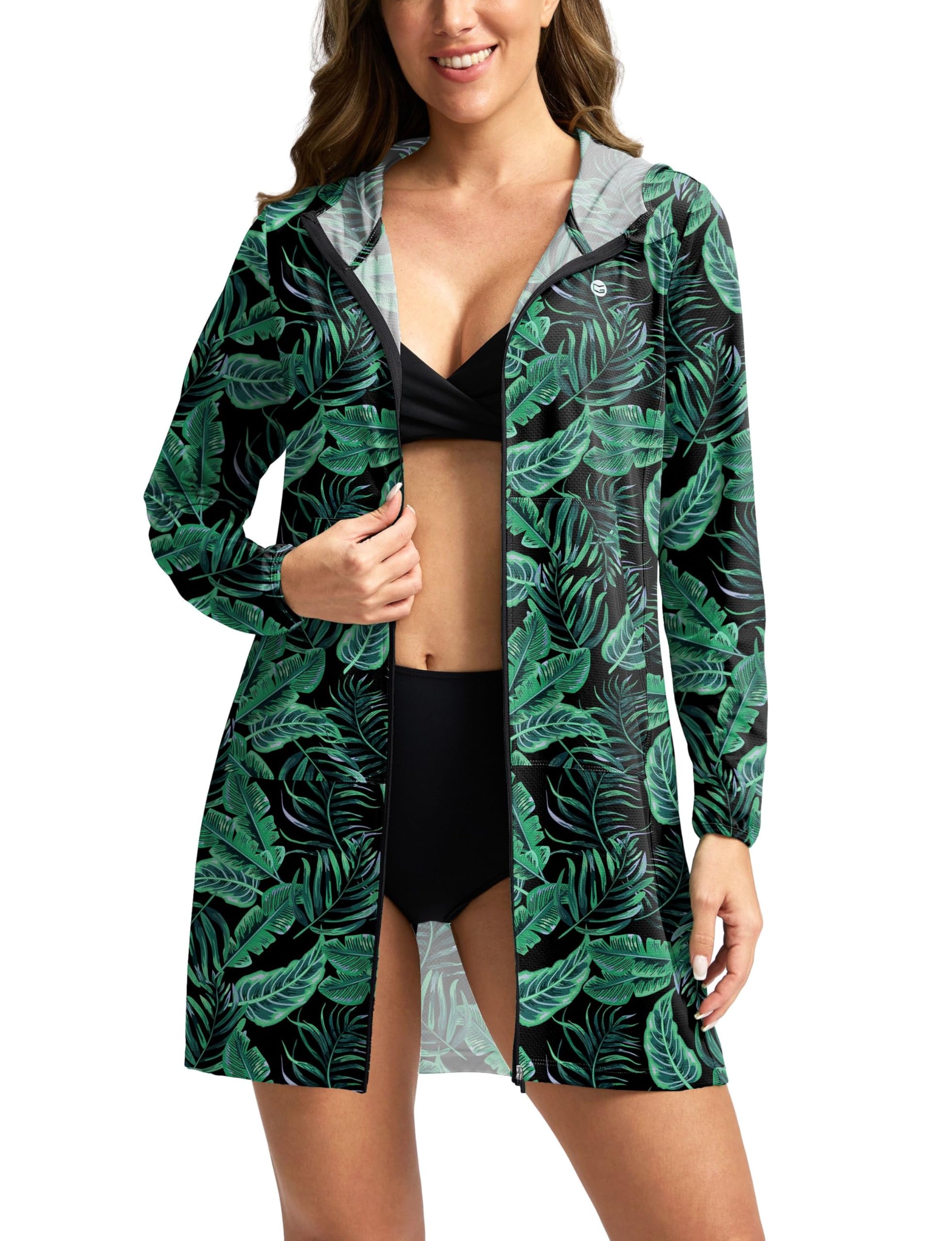 Photo 1 of Women's UPF 50+ Swim Cover Up Sun Protection Hoodie Long Jacket SPF Lightweight Beach Cover Ups for Women(Leaf,S)