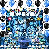 Mpanwen Blue Gamer Birthday Party Decoration - 218Pcs Video Game Gaming Party Supplies For Boys Birthday Party - Backdrop, Table Cover, Cupcakes Wrappers, Stickers, Bracelets Serves 10 Guests