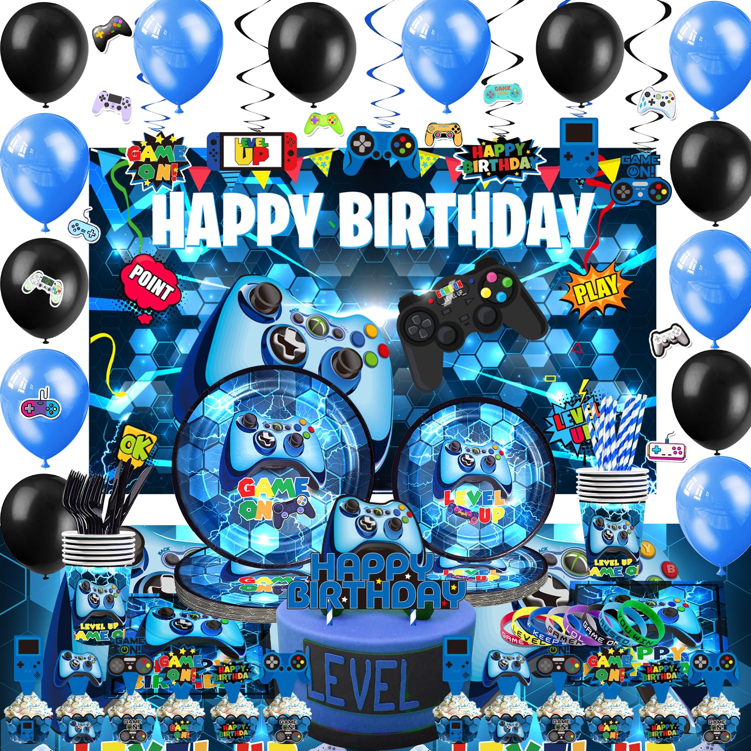 Photo 1 of Mpanwen Blue Gamer Birthday Party Decoration - 218Pcs Video Game Gaming Party Supplies For Boys Birthday Party - Backdrop, Table Cover, Cupcakes Wrappers, Stickers, Bracelets Serves 10 Guests