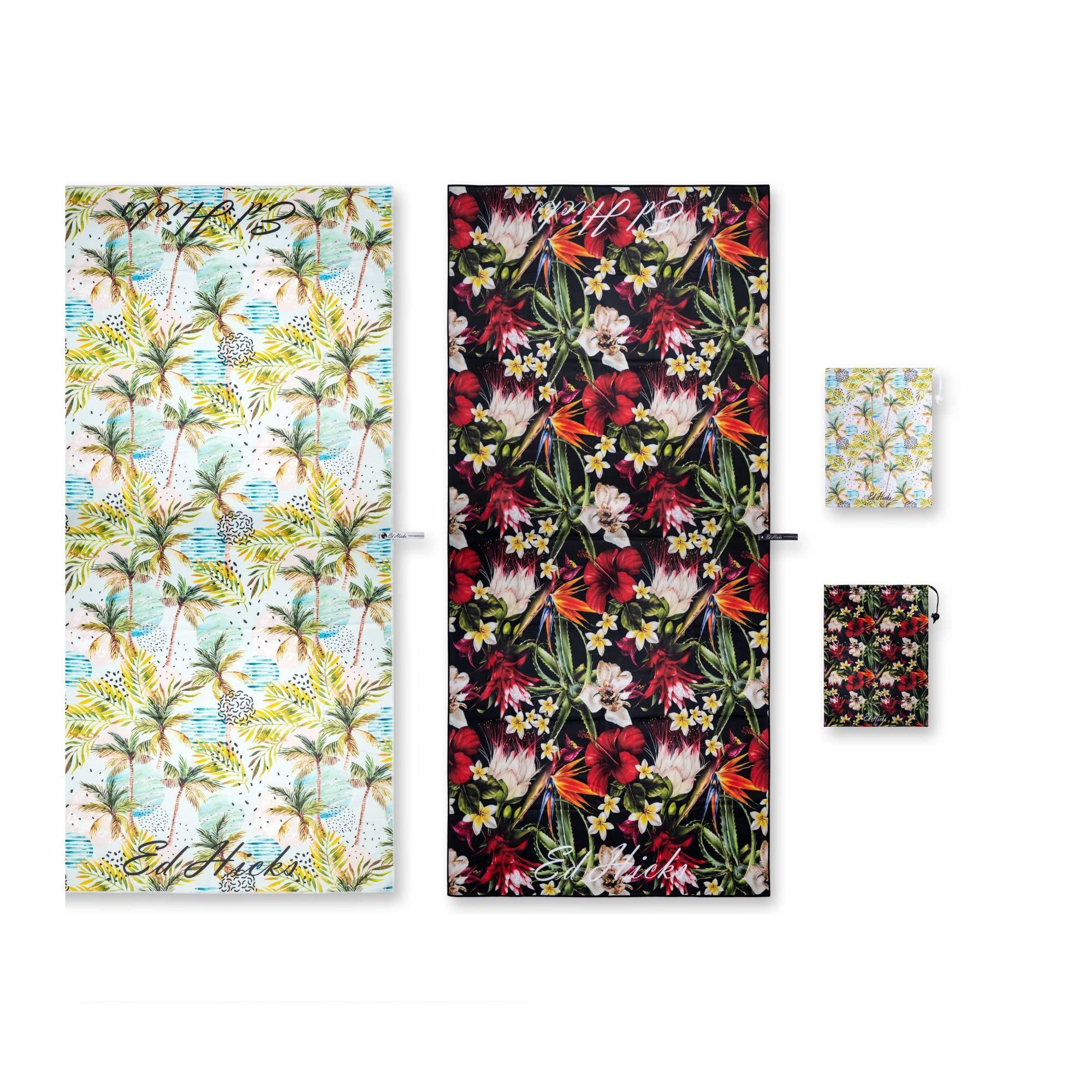 Ed Hicks- Small Microfibre Gym Towels for Women (40x80cm) — Compact, Quick Dry Sports Towel – Ideal Sweat Towel for Cardio, Cycling, Strength Training, Yoga and Running (1 Tropical Flowers and 1 Palm)