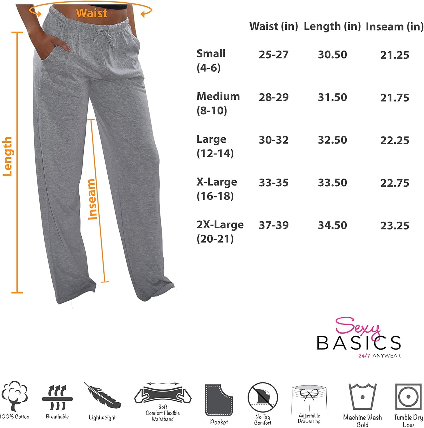 Sexy Basics Women's 3 Pack Soft Flex-Cotton Knit Pajama Pants/Lounge Pants/Sleep Pants at  Women’s Clothing store