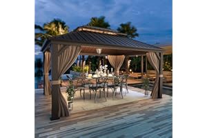 EROMMY 10'x13' Hardtop Gazebo Double Roof Galvanized Steel Canopy Outdoor Aluminum Frame Permanent Metal Pavilion with Netting and Curtains for Patio Backyard Deck and Lawns