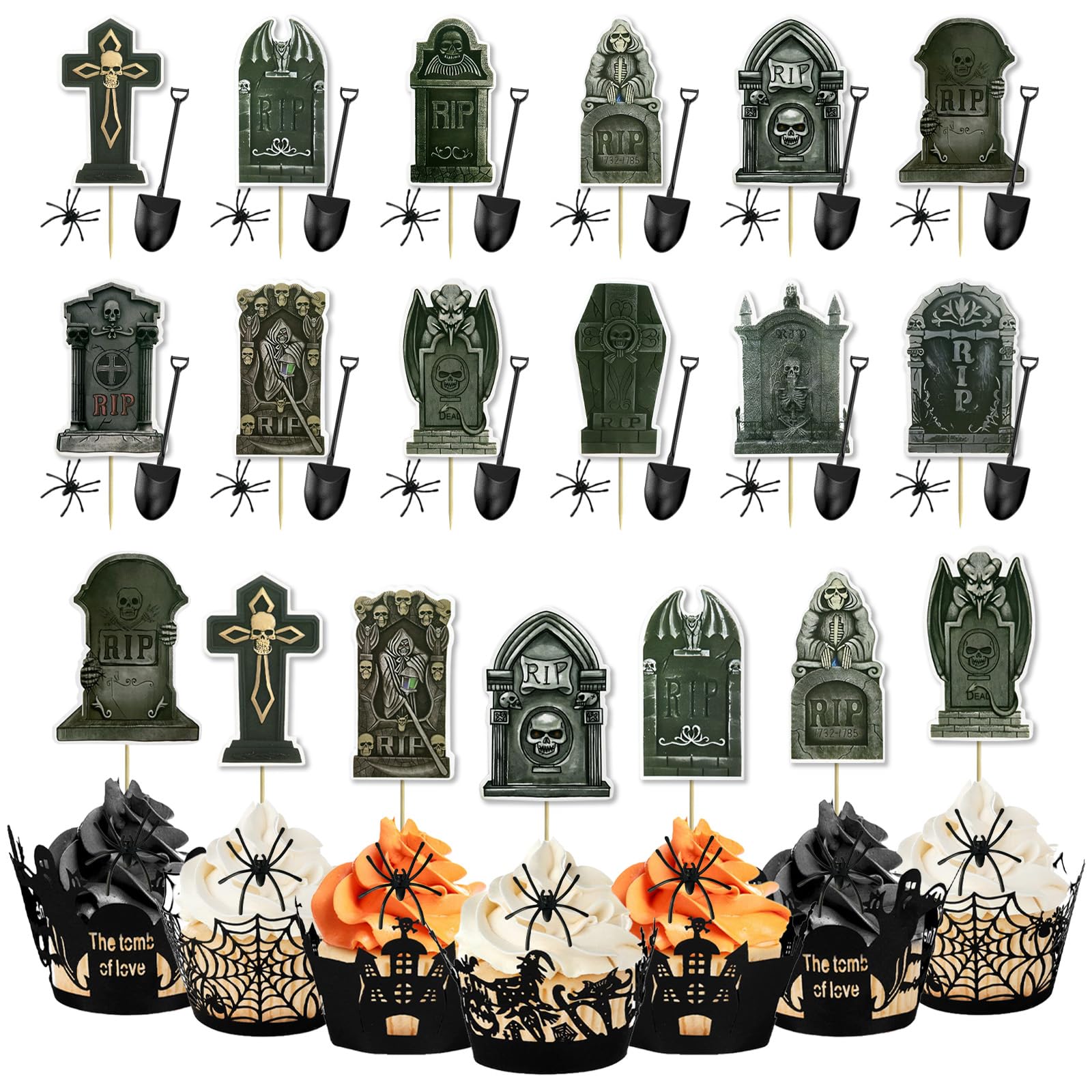 Photo 1 of 108 PCS Halloween Cupcake Toppers Decorations Tombstones Graveyard decorations with Mini Shovel Spoons and Spider Decorations for Halloween Party Decorations Supplies (Black-108 pcs)