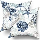 Nautical Coastal Throw Pillow Covers 18x18 Inch Pack of 2 Summer Blue Ocean Themed Pillow Covers Seashell Starfish Beach Decorative Pillowcase Square Cotton Cushion Cover for Bedroom Sofa Home Decor